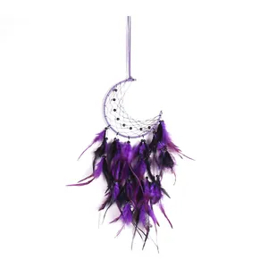 Purple and black crescent moon dreamcatcher with handmade feathers for wall hanging decor.