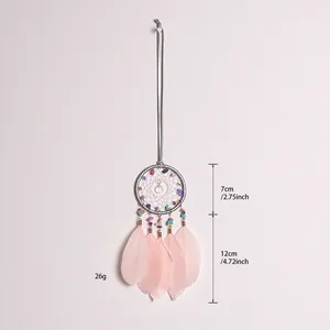 Hand-woven dreamcatcher pendant with pink feathers and natural stone chips, 26g weight.