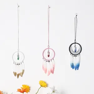 Handmade dreamcatchers with vibrant feathers and turquoise pendants displayed on a white wall