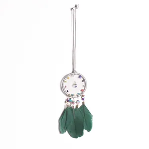 Handmade dreamcatcher pendant with colorful crushed stones and green feathers for car or home.