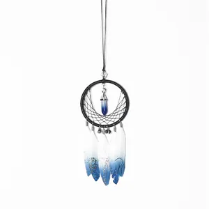 Handmade dreamcatcher with blue ombre feathers and crystal pendant for wall decor