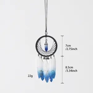 Handmade blue gradient feather dreamcatcher with crystal pendant and size annotations