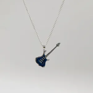 Punk rock style electric guitar pendant necklace with blue enamel finish and silver chain