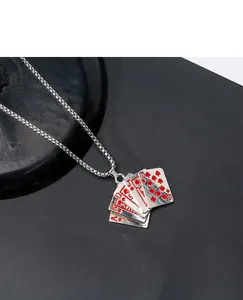 Detailed view of a silver hip-hop necklace featuring a royal flush poker card pendant