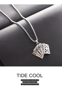 Detail shot of a polished silver Royal Flush poker card pendant on a durable steel link chain