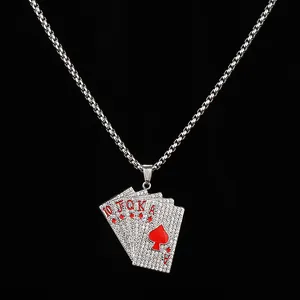 Iced out Royal Flush poker cards pendant necklace with red rhinestones for hip hop style