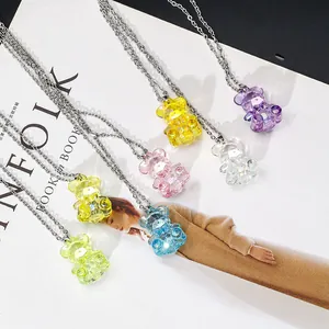 Trendy colorful 3D acrylic bear pendant necklaces for girls in candy-style jewelry set
