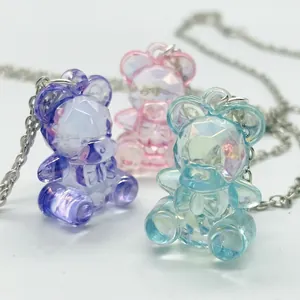 Translucent faceted acrylic bear pendant necklace with silver chain for girls
