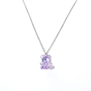 Cute purple acrylic faceted bear pendant necklace on a silver chain for girls