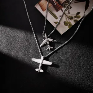Collar con Colgante de Avión de Acero de Titanio Hip Hop para Hombres Mujeres Joyería de Avión de Aleación Galvanizada Plata Minimalista Cadena