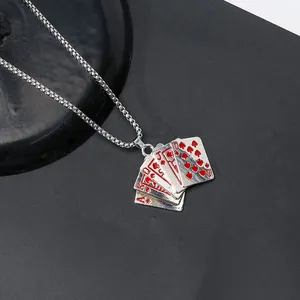 Hip-hop style stainless steel necklace featuring a silver Royal Flush poker card pendant.