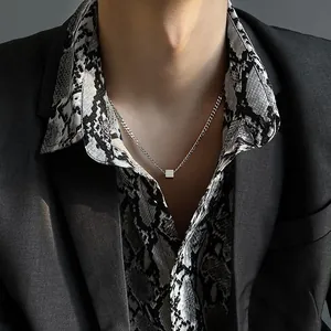 Titanium Steel Geometric Cube Pendant Necklace For Men Women Hip Hop Silver Polished Curb Chain Necklace Minimalist Jewelry