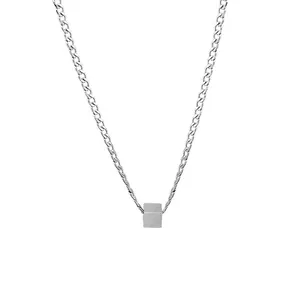 Minimalist silver titanium steel chain necklace with a geometric cube pendant charm
