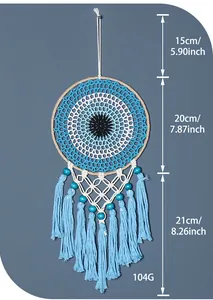 Detailed measurements of hand-woven Evil Eye dreamcatcher in blue and white.