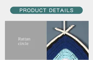 Macro view of hand-crocheted details on bohemian evil eye dreamcatcher wall hanging