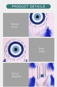 Detalle de atrapasueños de Ojo Turco con círculo de ratán y plumas azules.
