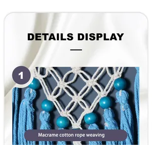 Macro view of blue macrame cotton rope weaving with turquoise beads detail display