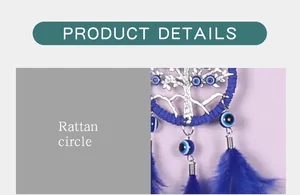 Gros plan sur le cercle en rotin et les plumes bleues de l'attrape-rêves Evil Eye.