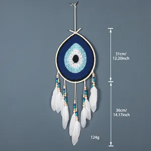 Bohemian Evil Eye dreamcatcher wall hanging with handmade crochet and white feathers