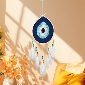 Bohemian handmade crochet evil eye dreamcatcher with white feathers for home wall decor