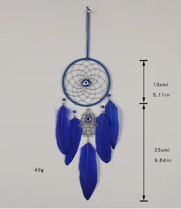 Blauwe boze oog Hamsa Hand dromenvanger wandkleed met gedetailleerde afmetingen en productgewicht