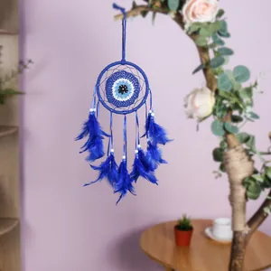 Attrape-Rêves Fait à la Main Mauvais Œil Décoration Murale Plume Bleue Ornement Tissé pour Maison Chambre Salon Décor Accessoire Cadeau