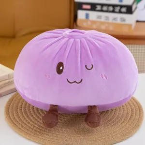 Detailed macro view of a cute purple bun plush toy with a smiling face on a woven mat.