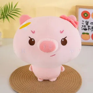 Cute cartoon pink pig plush toy featuring a bow accessory on a cozy decorative woven mat.