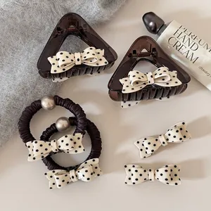 Koreaanse Stijl Polka Dot Strik Haaraccessoires Voor Vrouwen Acryl Haarklem Eendenbekclip Kunstparel Elastische Haarband Hoofddeksel Cadeau