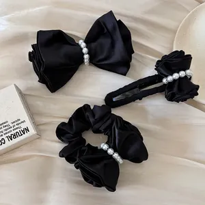 Vintage Elegant Black Satin Bow Hair Clip With Artificial Pearl For Women Korean Style Hairpin Ponytail Clip Accessory