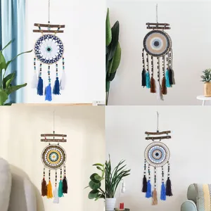 Atrapasueños Mal de Ojo Bohemio Tejido a Mano Colgante de Pared Borla de Algodón Cuenta de Madera Decoración de Hogar Estética