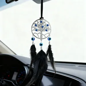 Attrape-rêves œil du démon pour voiture fait main avec arbre de vie et plumes noires
