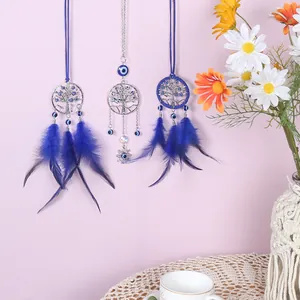 Attrape-rêve fait main œil bleu avec arbre de vie et plumes pour décoration murale intérieure