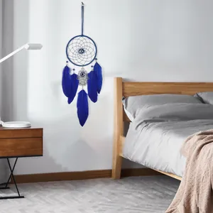Blauwe handgemaakte dromenvanger met boze oog en Hamsa-hand voor slaapkamer decoratie
