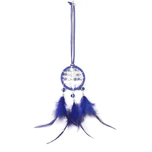 Capteur de rêves Evil Eye fait main avec plumes bleues et pendentif arbre de vie argenté