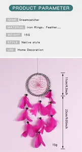 Dimensions détaillées et paramètres de l'attrape-rêves fait main avec plumes décoratives.