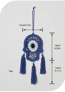 Detailed dimensions of the handmade blue evil eye hamsa wall hanging with tassels