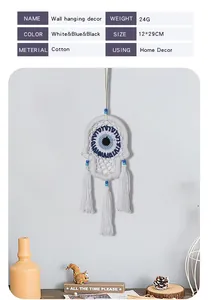 Hand-woven Evil Eye Hamsa hand wall hanging with white tassels for home wall decor