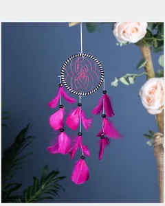 Vue détaillée de l'attrape-rêves tissé à la main avec plumes roses et anneau rayé