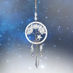 Handmade white crystal life tree car hanging ornament with star and prism accents