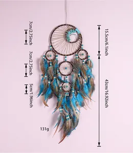Atrapasueños grande de cinco anillos con cuentas turquesas y plumas azules, 43 cm largo