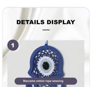 Close-up of hand-woven macrame cotton rope detail on blue evil eye wall hanging