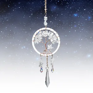 Detailed crystal tree of life car hanging ornament with star charm and starry background