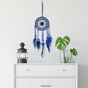 Acchiappasogni blu Evil Eye fatto a mano con piume per decorazioni murali in stile boho