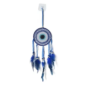 Acchiappasogni blu Malocchio con piume per decorazione murale mistica della casa