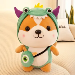 Detail of a cute squirrel plush toy wearing a green dinosaur costume and crossbody bag