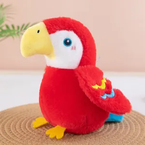 Close-up detail of a vibrant red parrot plush toy with a soft, fuzzy texture and bright beak.