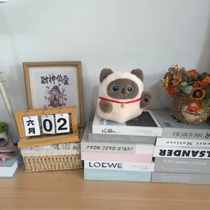 Cute Siamese lucky cat plush doll displayed on a stack of books as a desktop ornament.