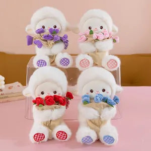 Collection of four adorable white sheep plush dolls holding colorful magnetic roses