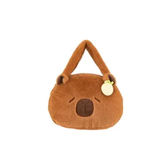 Detailed view of a cute brown plush Capybara bag featuring soft furry texture and fruit decor